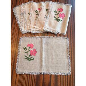 Vintage Set Of 6 Beige Linen Placemats With Fringe & Pink Floral Applique Embroi